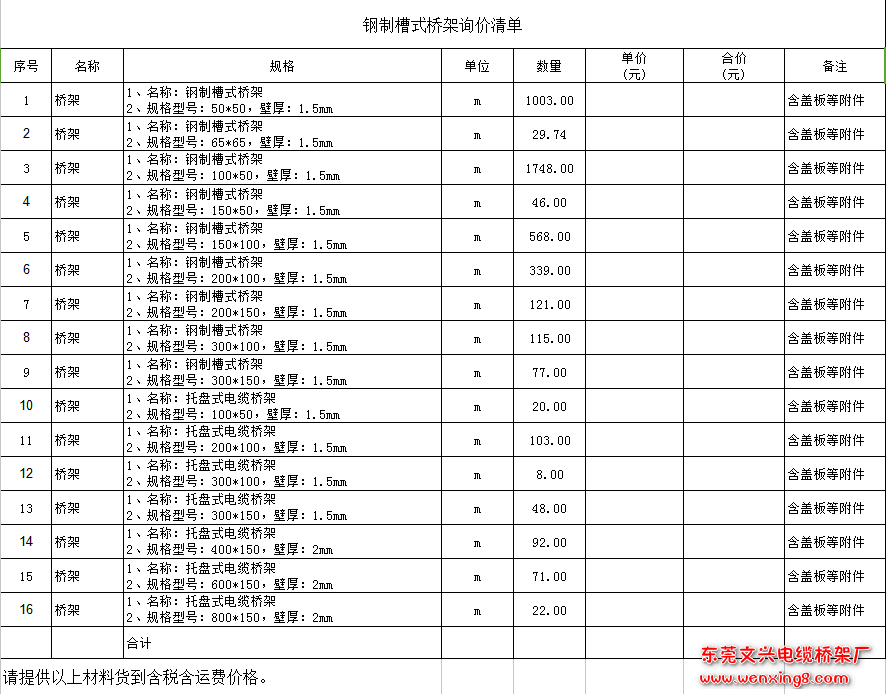 鋼制槽式橋架詢價(jià)清單